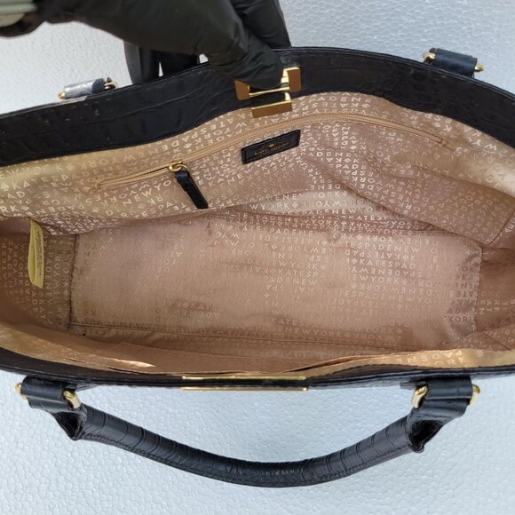 Kate Spade New York Orchard Valley Croc Kelsey Black Leather Tote Bag With Gold - Picture 11 of 16